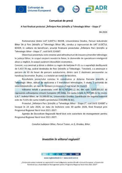 A fost finalizat proiectul „Înființare Parc Științific și Tehnologic Bihor – Etapa 2”